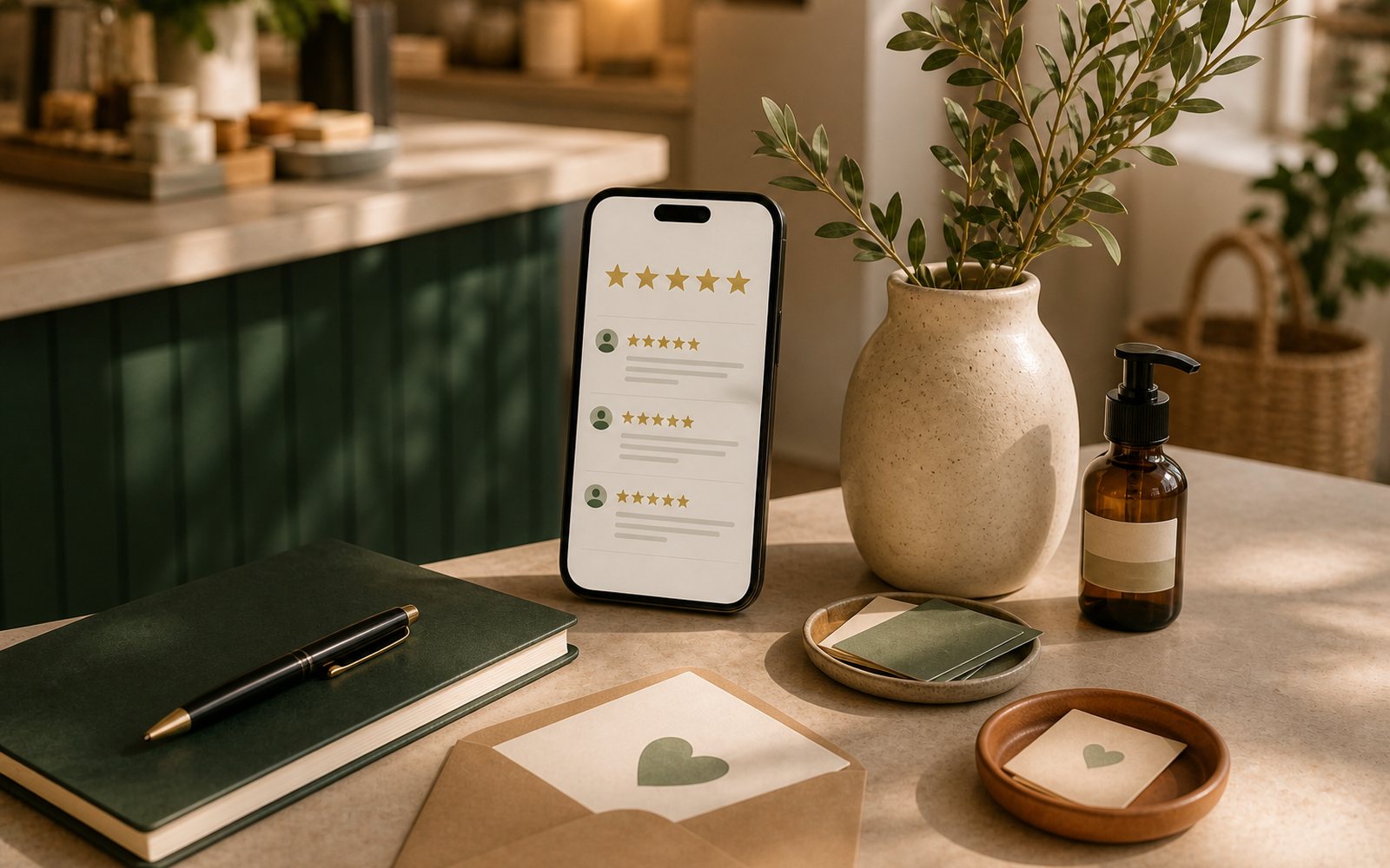 Téléphone avec étoiles d'avis clients sur un comptoir élégant