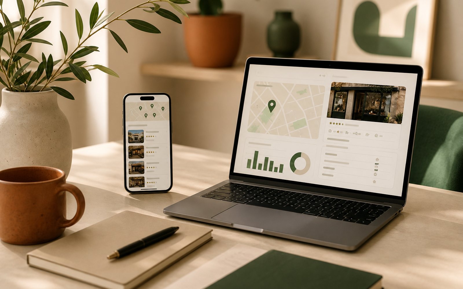 Bureau avec ordinateur et téléphone pour travailler une présence locale sur Google