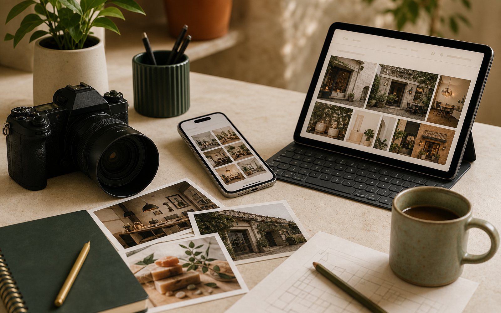 Appareil photo, ordinateur et tirages pour préparer des photos professionnelles