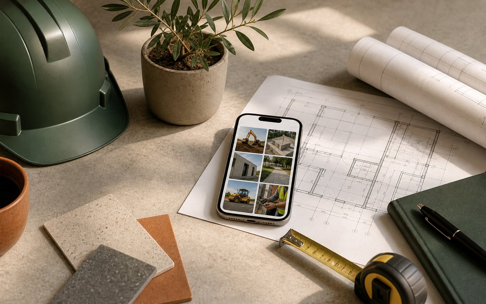 Plans, casque et téléphone pour préparer des publications d'entreprise de travaux