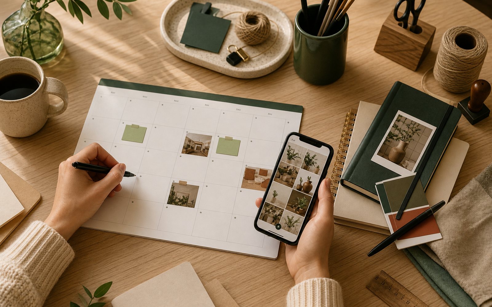 Calendrier éditorial et téléphone pour organiser des publications régulières