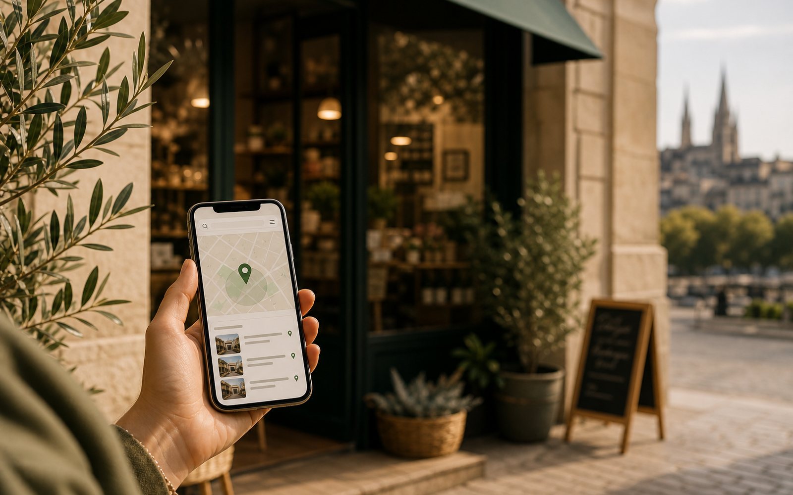 Téléphone avec carte locale devant une boutique de proximité