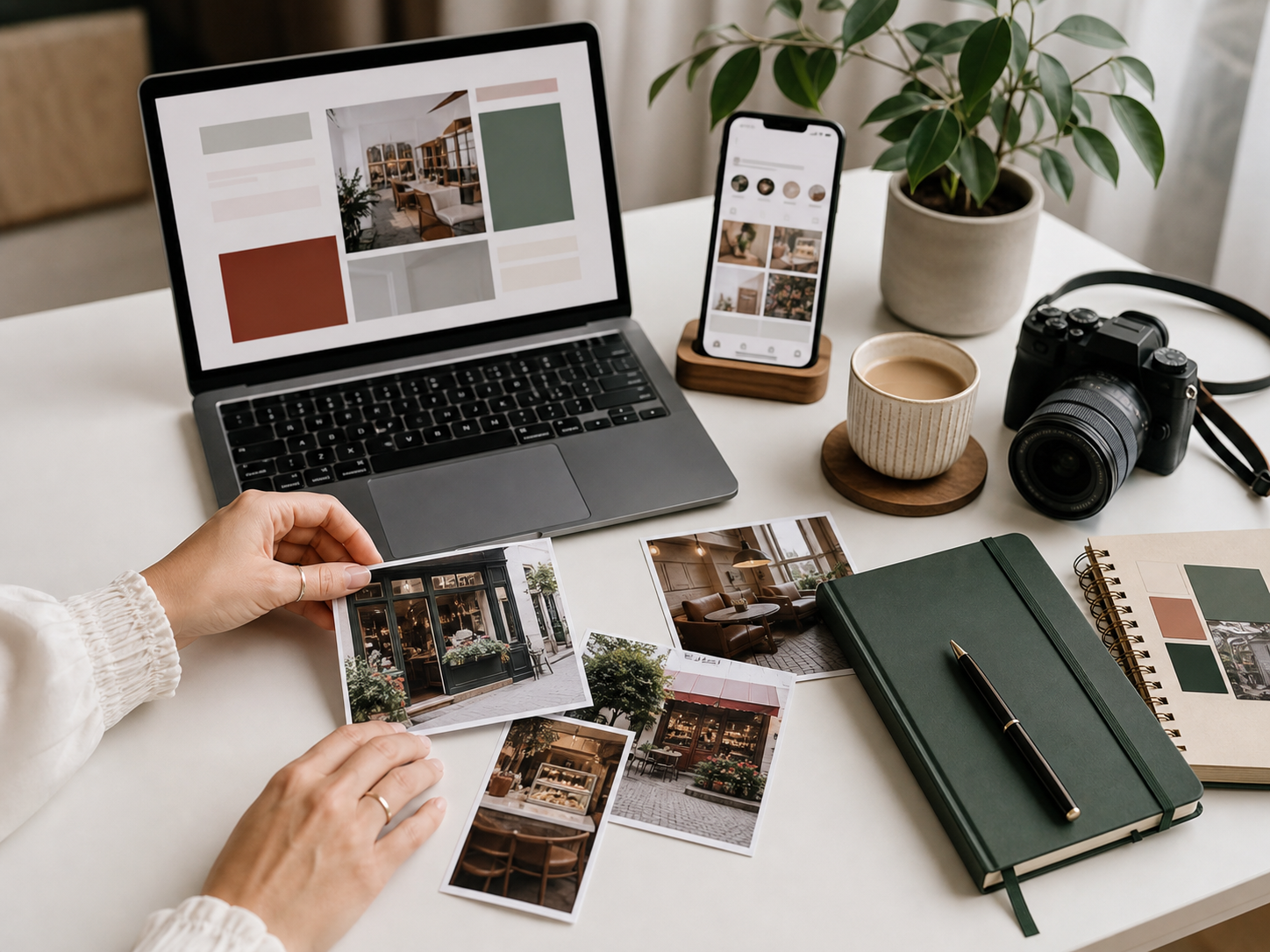 Bureau de communication avec ordinateur, appareil photo et photos de commerces locaux